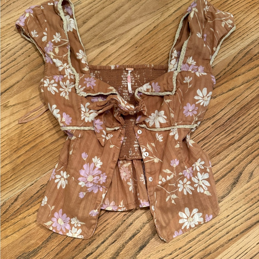 Free People Pink and Orange Flutter Sleeve Blouse